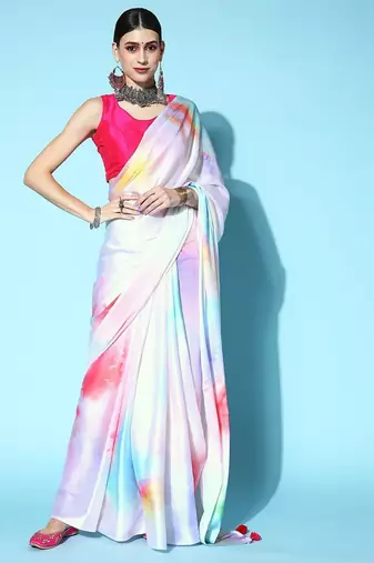 white white & blue printed satin saree