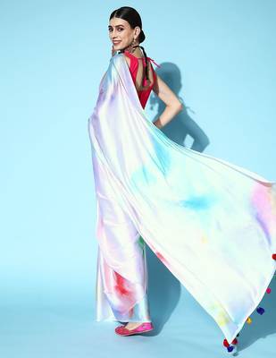 white white & blue printed satin saree 3