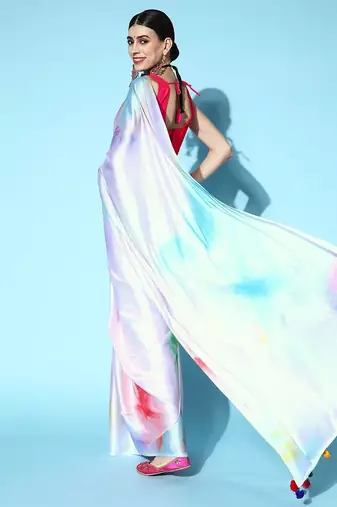 white white & blue printed satin saree