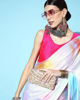 white white & blue printed satin saree 4