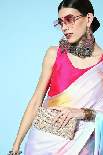 white white & blue printed satin saree