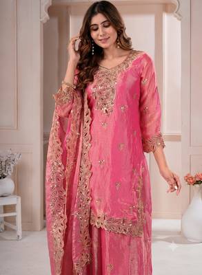 Women embroidered rani pink kurta with palazzo & dupatta set 2