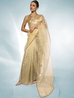 beige mirror work tissue saree 2