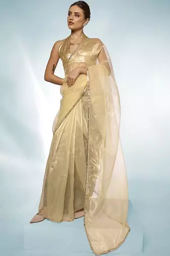 beige mirror work tissue saree