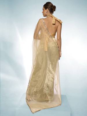 beige mirror work tissue saree 3