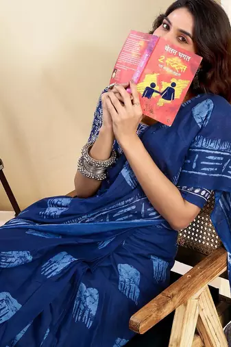 blue printed ready to wear pure cotton saree