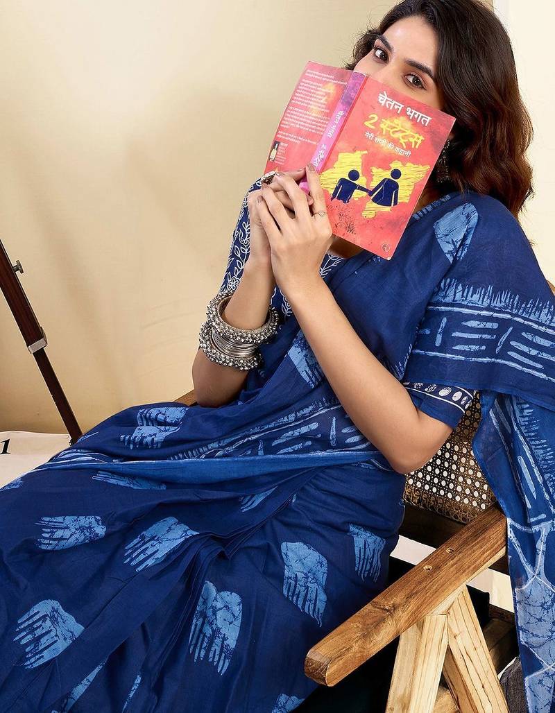 blue printed ready to wear pure cotton saree