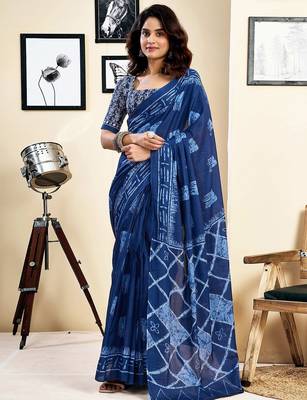 blue printed ready to wear pure cotton saree 2