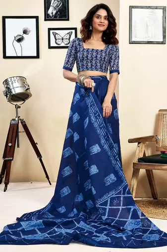 blue printed ready to wear pure cotton saree