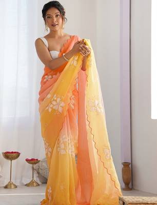 peach floral embroidered silk blend saree 1