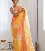 peach floral embroidered silk blend saree