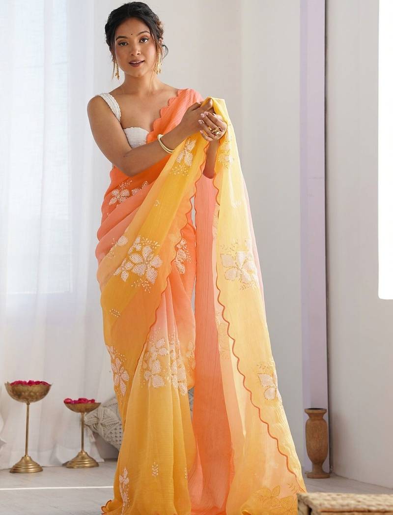 peach floral embroidered silk blend saree