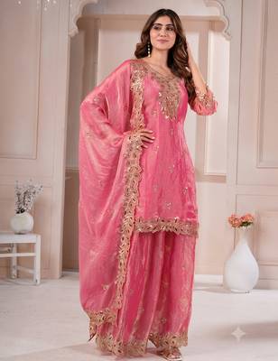 Women embroidered rani pink kurta with palazzo & dupatta set 3