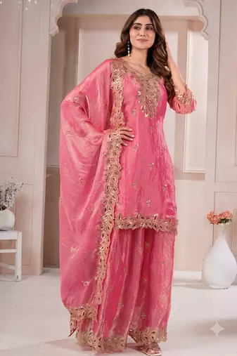 Women embroidered rani pink kurta with palazzo & dupatta set