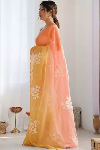 peach floral embroidered silk blend saree