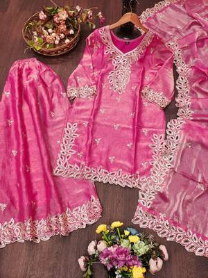 Women embroidered rani pink kurta with palazzo & dupatta set 4