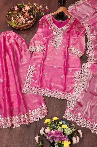 Women embroidered rani pink kurta with palazzo & dupatta set