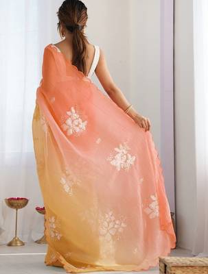 peach floral embroidered silk blend saree 3
