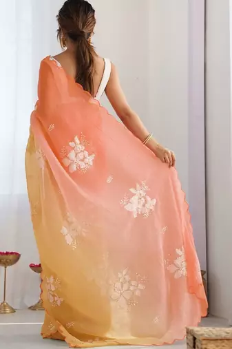 peach floral embroidered silk blend saree