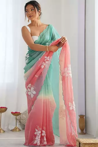 multicolor floral embroidered silk blend saree