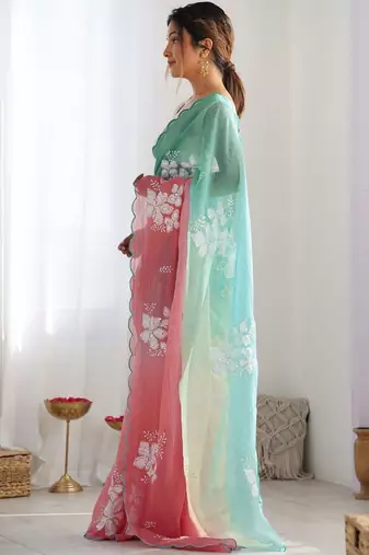 multicolor floral embroidered silk blend saree