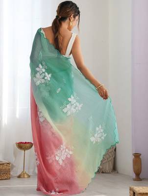 multicolor floral embroidered silk blend saree 3