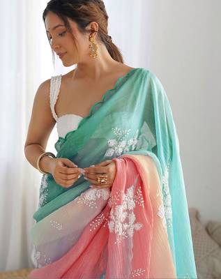 multicolor floral embroidered silk blend saree 4