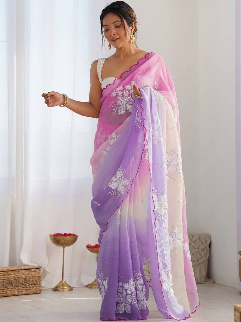 multicolor floral embroidered silk blend saree
