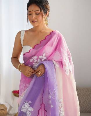 multicolor floral embroidered silk blend saree 4