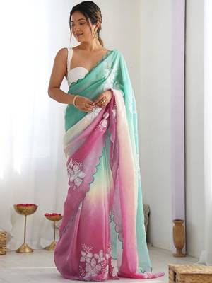 multicolor floral embroidered silk blend saree 1