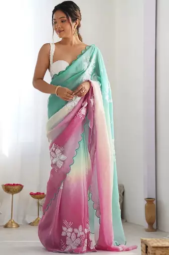 multicolor floral embroidered silk blend saree