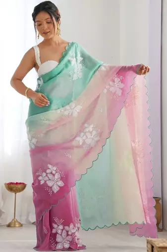multicolor floral embroidered silk blend saree
