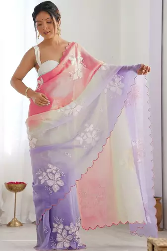 multicolor embellished embroidered silk blend saree