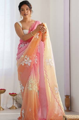 Multicolor floral embroidered silk blend saree