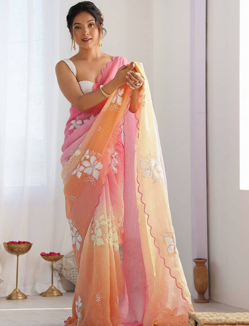 Multicolor floral embroidered silk blend saree