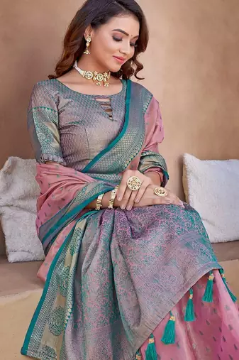 Pink floral woven design zari silk banarasi saree