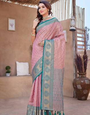 Pink floral woven design zari silk banarasi saree 2