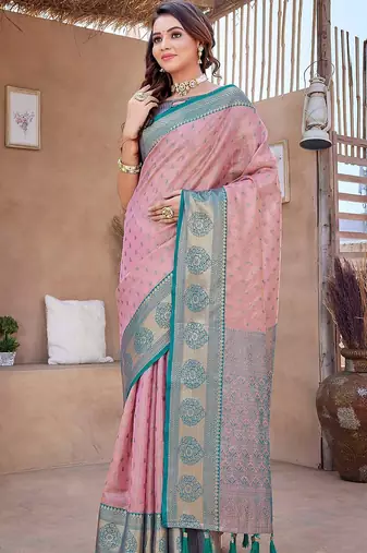 Pink floral woven design zari silk banarasi saree