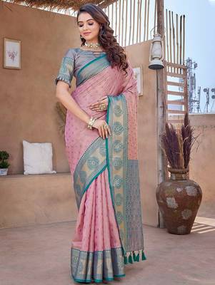 Pink floral woven design zari silk banarasi saree 3