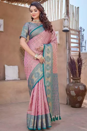 Pink floral woven design zari silk banarasi saree