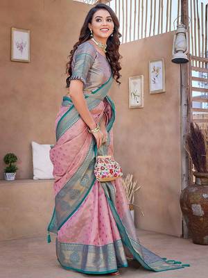 Pink floral woven design zari silk banarasi saree 4