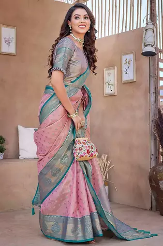 Pink floral woven design zari silk banarasi saree