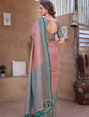 Pink floral woven design zari silk banarasi saree 5