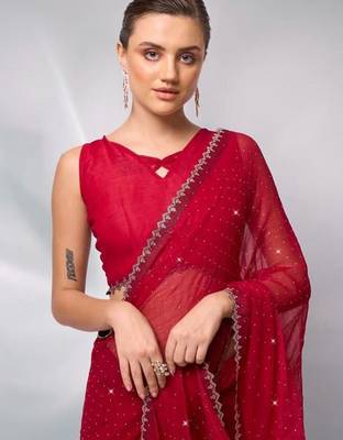 red embellished sequinned satin saree 1