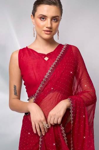 red embellished sequinned satin saree