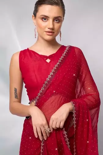 red embellished sequinned satin saree