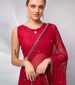 red embellished sequinned satin saree