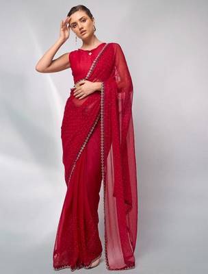 red embellished sequinned satin saree 2
