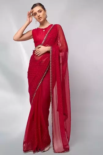red embellished sequinned satin saree
