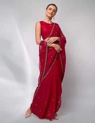 red embellished sequinned satin saree 3